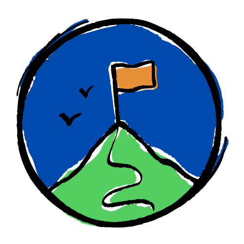 Mountain with a path winding up to a flag at the top
